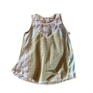 POL Sleeveless Blouse Lace Yoke Checkered Tank Top Cream Beige Boho‎ Size S
